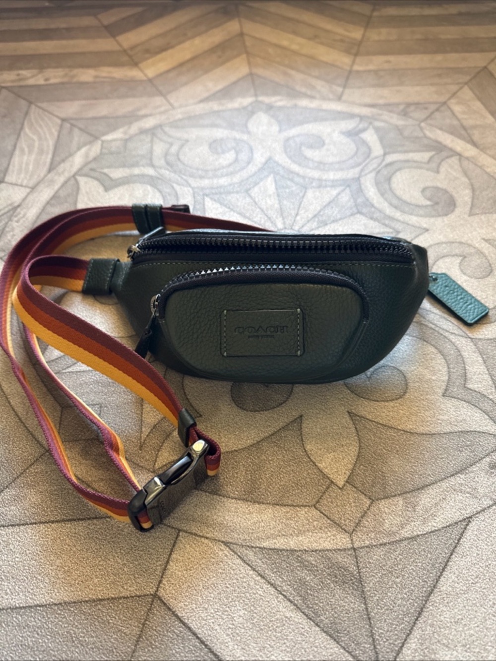 Coach Black Pebbled Leather Zip Pouch with Orange Interior Trim